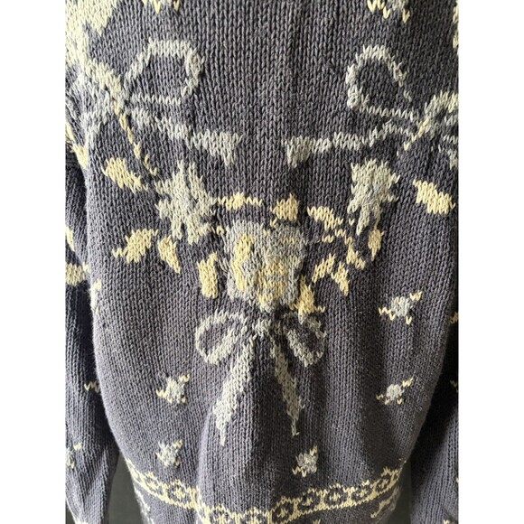 Vtg Cambridge Spirit Cottagecore Blue Floral Jacquard Bow Mock Neck Sweater M - Picture 3 of 9